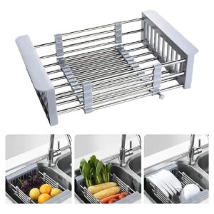 Cesta Canasta Extensible Lavaplatos Escurridor Alimentos Color Plateado