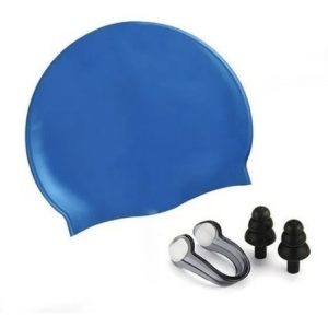 Gorro De Natación En Silicona + Tapones Oídos + Clip Nariz Azul Liso Único