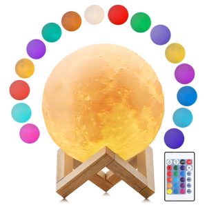 Lampara Led Luna Melech 16 Colores 13cm Usb Control Remoto Velador Madera