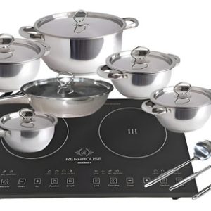 Estufa De Inducción 2p + Batería De Ollas En Acero Renahouse Plateado