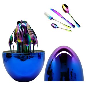 Juego De Cubiertos 24pcs Acero Inoxidable Gold Estuche Huevo Color Azul