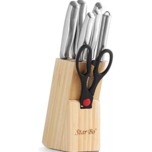 Set De Cuchillos 8 Piezas Juego Acero Inoxidable Base Madera Plateado