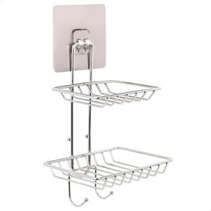 Jabonera Doble Acero Inoxidable Baluni Adhesivo Baño C/ganchos Rejilla