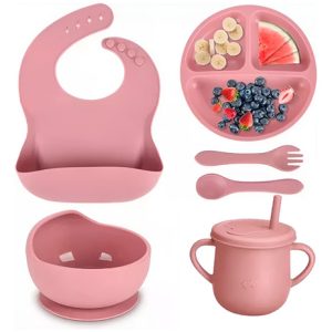 Set De Vajilla Silicona Para Bebés Platos Babero Y Cubiertos Rosa