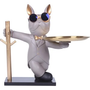 . Escultura De Bulldog Francés, Figura De Perro Con Bandeja, Gris