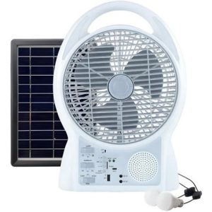 Ventilador Con Panel Solar Radio Bombillos Recargable Gd8029 20 Cm Blanco
