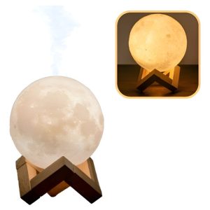 Lámpara Luna 3d Luz Led + Base Madera Lampara Recargable Colorida