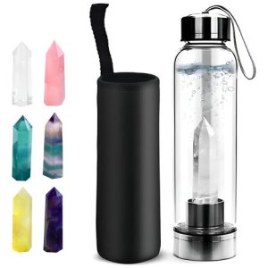 Termo Botella De Agua Con Cristales De Cuarzo Y Estuche Color Negro