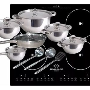 Estufa De Induccion 4 Puestos Empotrable + Bateria 15 Piezas Negro/plateado