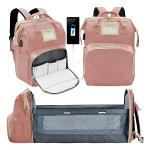 Mochila Pañalera Morral 3 En 1 Cuna Usb Con Cambiador Rosa Nube