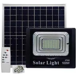 Lampara Solar 100w Con Panel Resistente Al Agua Recargable Negro
