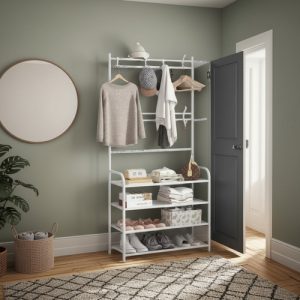 Organizador De Ropa Y Zapatos Tendedero Con Zapatero Estante Blanco