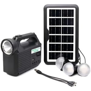 Kit Lampara Panel Solar Linterna + 3 Bombillas Usb Gd 8017 Negro