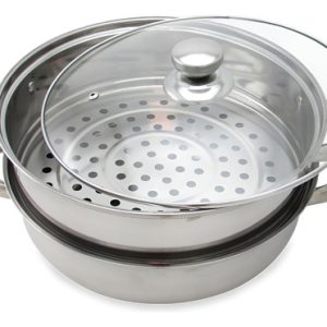 Vaporiera Behome Acero Inoxidable Tapa Vidrio Doble Función 28cm