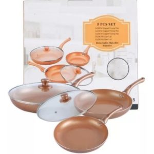 Juego Sartenes En Cobre 5 Piezas Antiadherente Tapa Vidrio
