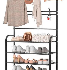 Perchero Multifuncional Con Zapatero 5 Niveles 170x60 Cm Col Negro
