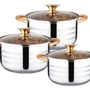 Juego De Ollas En Acero Quirúrgico 6 Pzs Bateria Tapa Vidrio Plateado