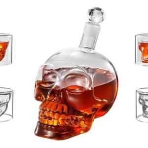 Licorera Decantador Whiskey Calavera Cráneo Vidrio+ 4 Vasos Gris