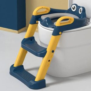 Asiento Entrenador Infantil Con Escalera Kiddos Adaptador Wc Con Colchon Antideslizante Ergonómico Seguro Plegable Para Niños O Niñas Color Azul Y Amarillo