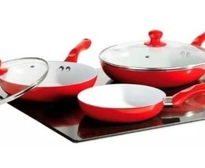 Set Sartenes Ceramica Cocina Antiadherente Tapa Vidrio Rojo