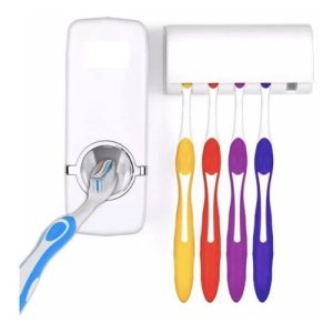 Soporte Dispensador Crema Dental Estuche Protector Cepillos Blanco