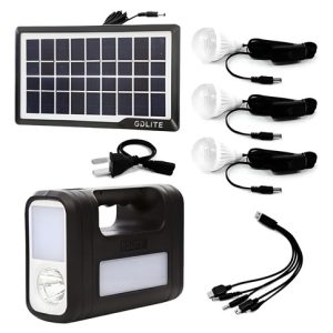 Kit Panel Solar Camping 3 Bombillas Usb Planta Linterna Mp3 Negro