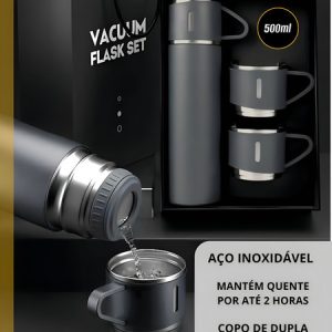 Termo De Acero Inoxidable Con 3 Tazas De Bebidas Frías Y Calientes, Color Gris