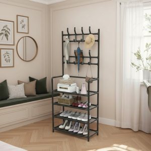 Organizador De Ropa Y Zapatos Tendedero Con Zapatero Estante Negro