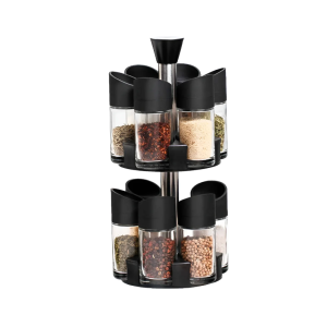 Especiero Giratorio 12 Piezas Acrílico Negro Con 12 Frascos Soporte Toallas