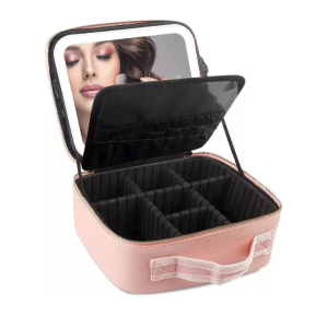 Estuche De Cosméticos Viaje Portátil Con Luz Led Maquillaje Cosmetiquera De Viaje Color Rosa